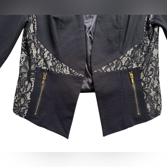 Bebe Black Lace Panel Cropped Blazer Jacket Large Dark Femme Gothic Fitted - Picture 3 of 8